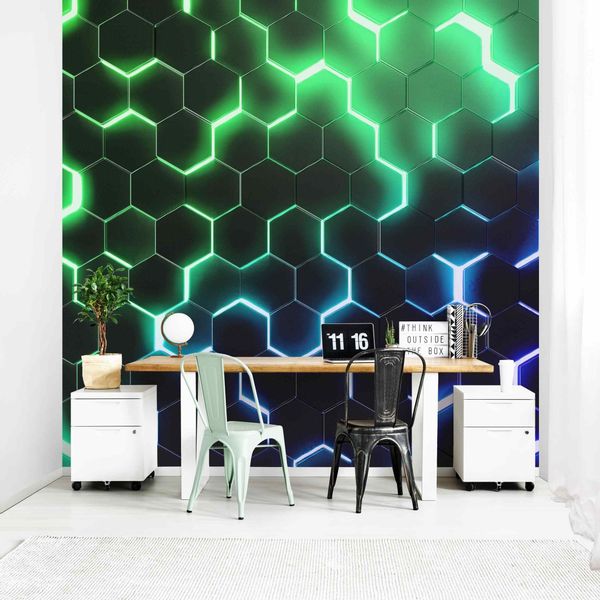 Bilderdepot24 Mustertapete Hexagone Neonlicht Grün 3D-Optik günstig online kaufen