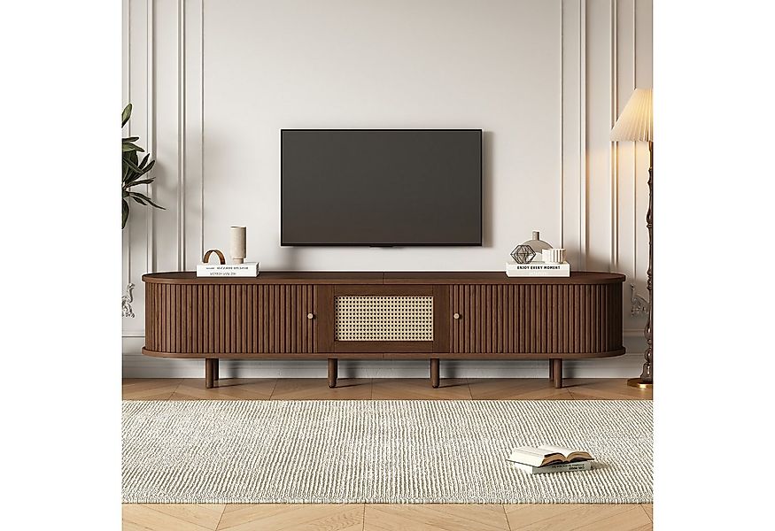 Merax Lowboard Ovaler TV-Schrank mit goldenen Griffen & Rattan-Design in Wa günstig online kaufen