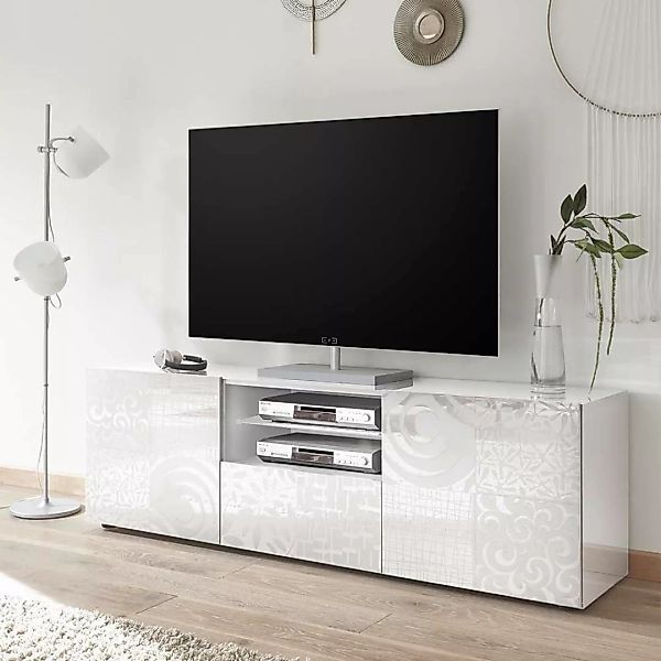 TV Lowboard in Weiß Hochglanz Siebdruck verziert günstig online kaufen