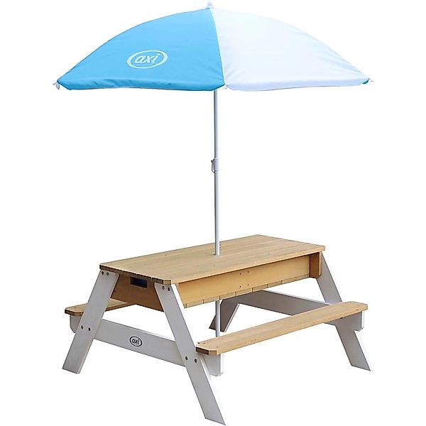Axi Nick Sand & Wasser Picknicktisch Braun - Weiß mit Sonnenschirm günstig online kaufen