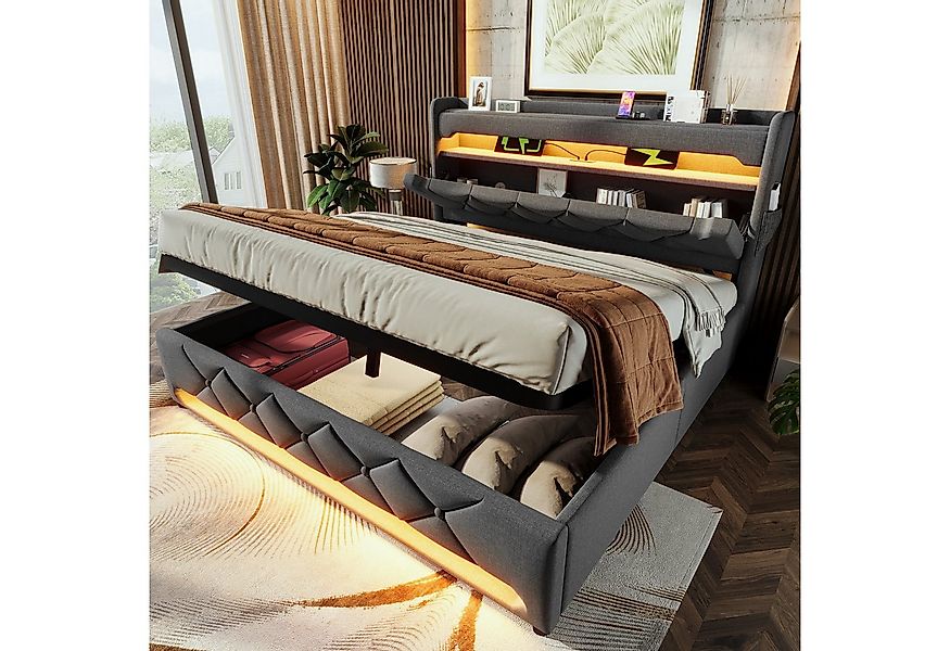 Flieks Polsterbett, Hydraulisches Stauraumbett Doppelbett 140x200cm mit LED günstig online kaufen