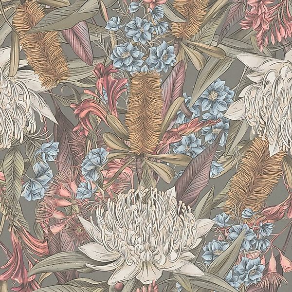 PROFHOME 394283-GU Blumen Tapete Floral Matt Grau Rosa Grün Weiß 0,53 m x 1 günstig online kaufen