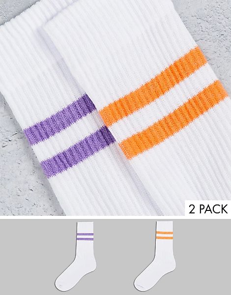 ASOS DESIGN – Sportsocken in Weiß mit Farbblock-Streifen im 2er-Pack günstig online kaufen