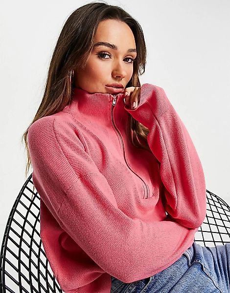 French Connection – Gerippter Pullover in Rosa mit halblangem Reißverschlus günstig online kaufen