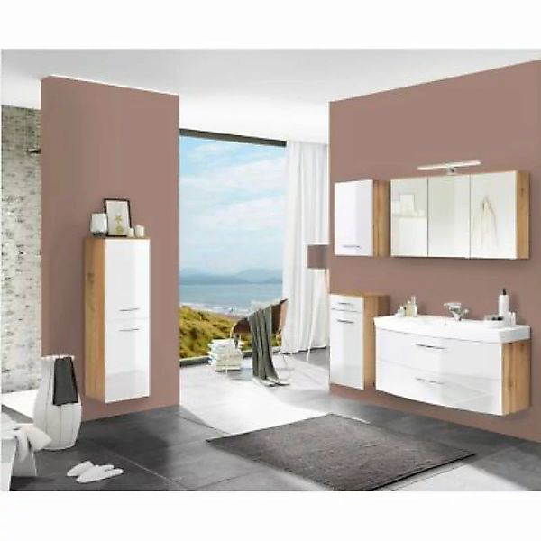 Lomadox Badezimmermöbel Set mit 120cm Becken FLORIDO-03-OAK weiß Hochglanz günstig online kaufen