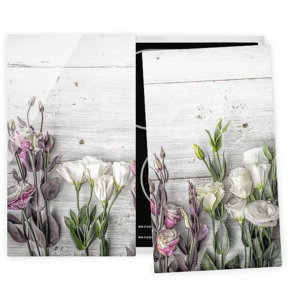 2-teilige Herdabdeckplatte Glas Blumen Tulpen-Rose Shabby Holzoptik günstig online kaufen