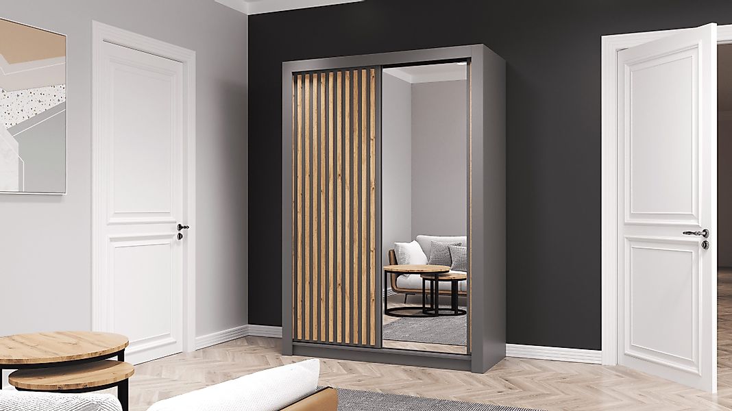 MOEBLO Kleiderschrank LINX (Schwebetürenschrank mit Holzlatten günstig online kaufen
