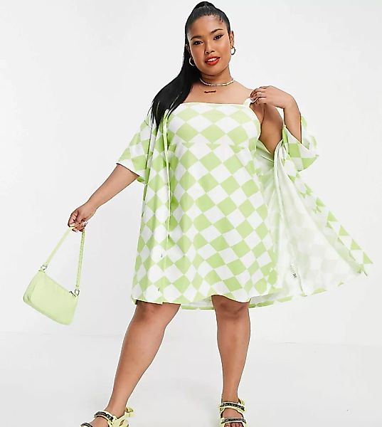 ASOS DESIGN Curve – 2-in-1 Hemd mit Camisole-Minikleid in grünem Harlekin-P günstig online kaufen