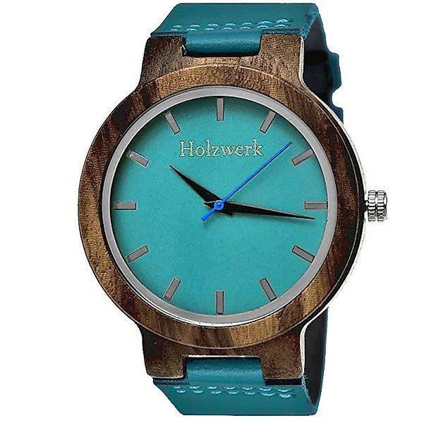 Holzwerk Quarzuhr KAHLA große Damen Leder & Holz Armband Uhr, türkis blau, günstig online kaufen