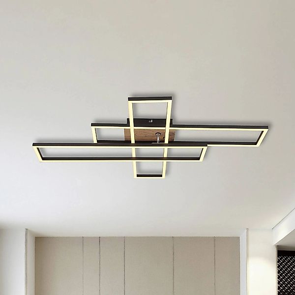 LED-Deckenlampe Dakari, Länge 80 cm, schwarz/holz, 3-flg. günstig online kaufen