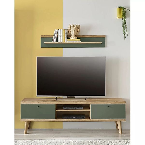 Wohnzimmer TV-Lowboard inkl. Wandboard in Eiche mit grün AVEZZANO-61 Modern günstig online kaufen