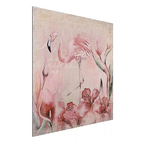 Alu-Dibond Bild Blumen - Quadrat Shabby Chic Collage - Flamingo günstig online kaufen