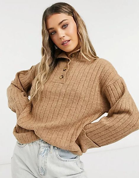 ASOS DESIGN – Pullover mit hohem Kragen und Knopfleiste in Taupe-Neutral günstig online kaufen