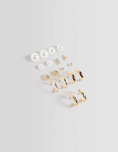 Bershka 9er-Pack Ohrringe Mit Kunstperlen Und Ringen Damen Gold günstig online kaufen