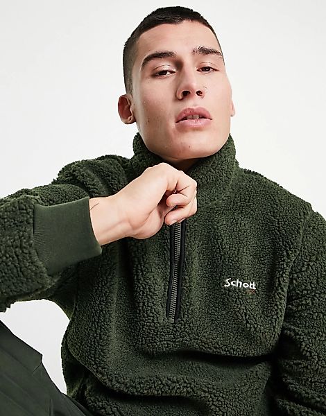 Schott – Andric 2 – Sherpa-Sweatshirt in Grün mit 1/2-Reißverschluss und Lo günstig online kaufen