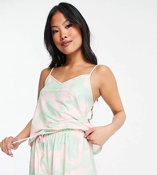 Loungeable Petite – Kurzer Pyjama mit Camisole in Rosa und Grün mit Palmenp günstig online kaufen