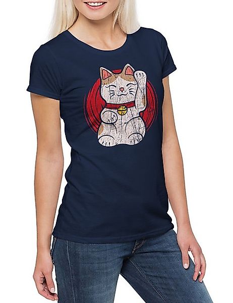 Urban Backwoods Print-Shirt Maneki Neko V Damen T-Shirt Winkekatze Maneki-n günstig online kaufen