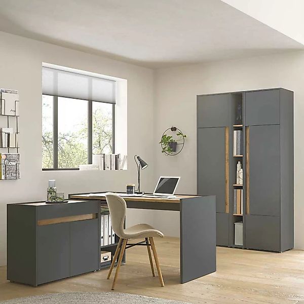 Arbeitszimmermöbel Set modern in Anthrazit Wildeichefarben (sechsteilig) günstig online kaufen