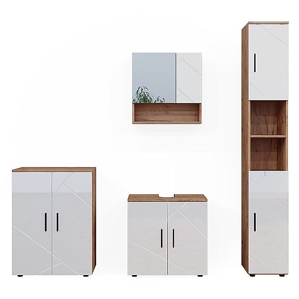 Vicco Badmöbel-Set Irma Eiche/Weiß Hochglanz 4 Teile mit Hochschrank und Ko günstig online kaufen