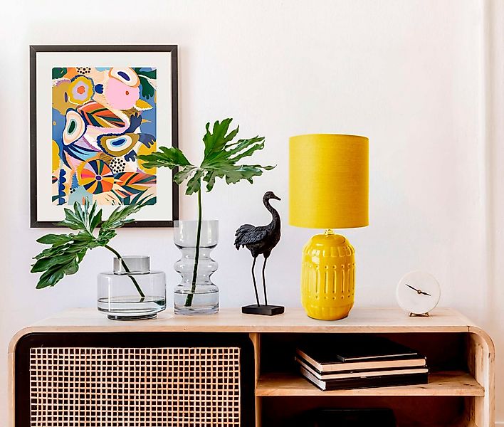 näve Tischleuchte Erida, ohne Leuchtmittel, Textilschirm, Keramikfuß, gelb, günstig online kaufen