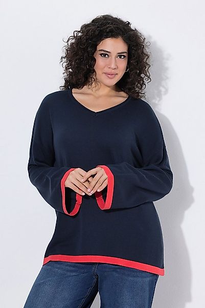 Ulla Popken Strickpullover Pullover farbige Bündchen V-Ausschnitt Langarm günstig online kaufen