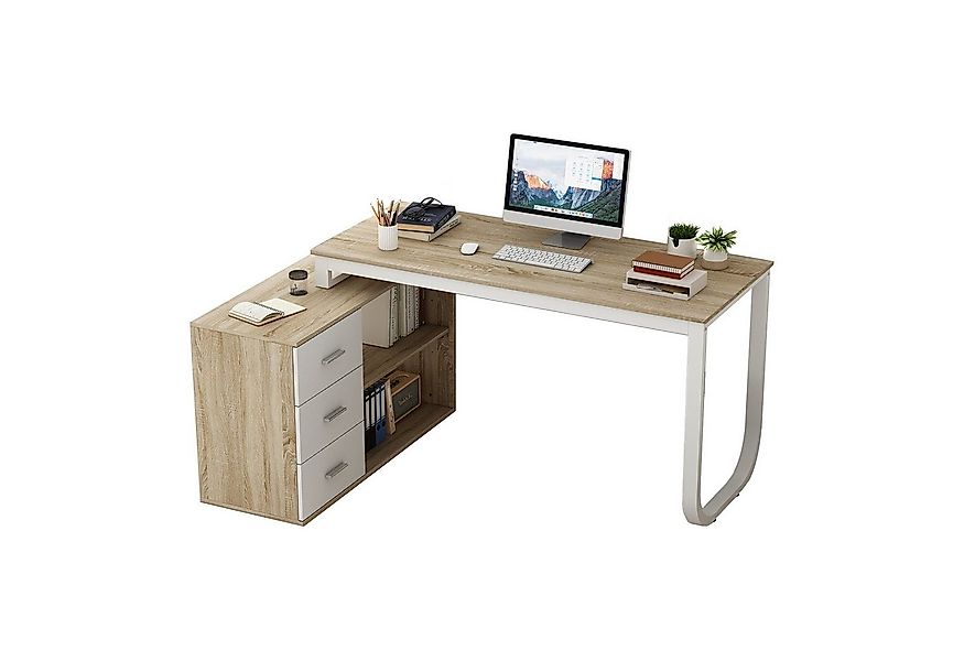 FUFU&GAGA Eckschreibtisch 130 cm L Förm Computertisch mit 3 Schubladen & 2 günstig online kaufen