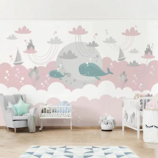 Bilderwelten Fototapete Wolken mit Wal und Schloss Rosa weiß Gr. 336 x 225 günstig online kaufen