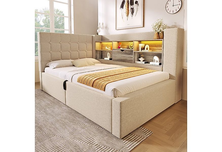 OKWISH Polsterbett Polsterbett 90x200 cm aus Leinen mit Stauraum und LED-Be günstig online kaufen