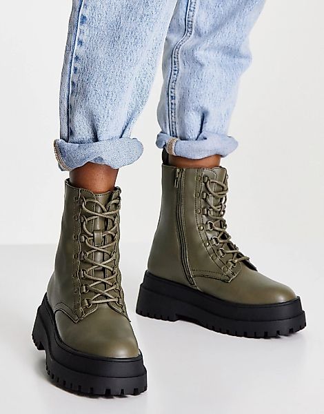 London Rebel – Ankle-Boots mit besonders dicker Sohle und Schnürung in Khak günstig online kaufen