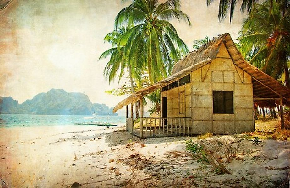 Papermoon Fototapete »PALMEN-STRAND-RETRO VINTAGE KARIBIK SÜDSEE MEER DÜNEN günstig online kaufen