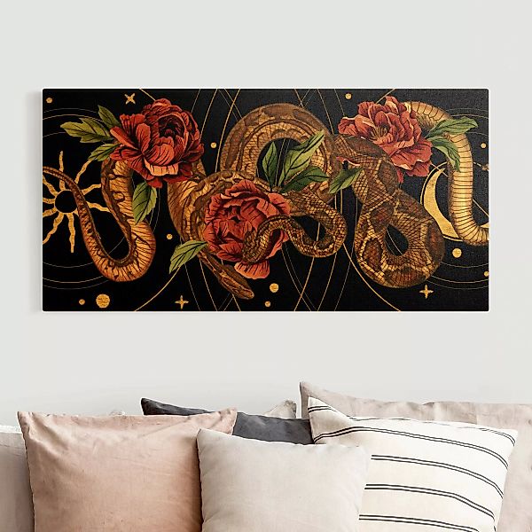 Leinwandbild Gold Schlangen mit Rosen vor Schwarz und Gold I günstig online kaufen