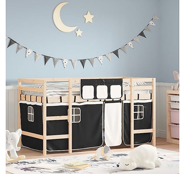 vidaXL Kinderbett Kinderhochbett mit Vorhängen Weiß Schwarz 90x190 cm Kiefe günstig online kaufen