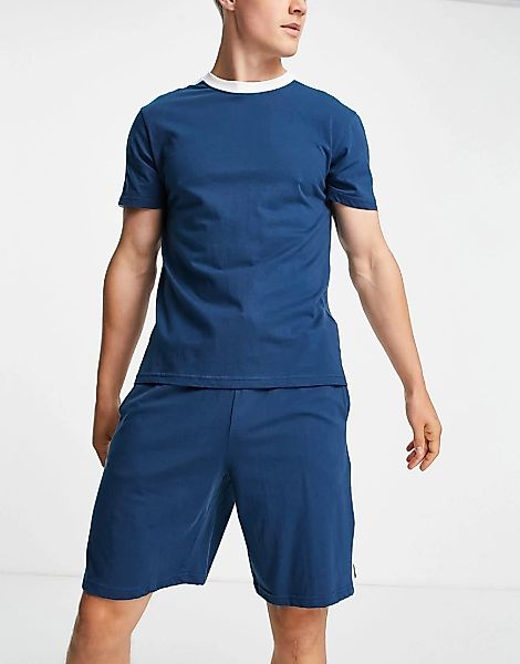 ASOS DESIGN – Pyjama-Set mit Lounge-T-Shirt und Shorts in Marineblau mit Se günstig online kaufen