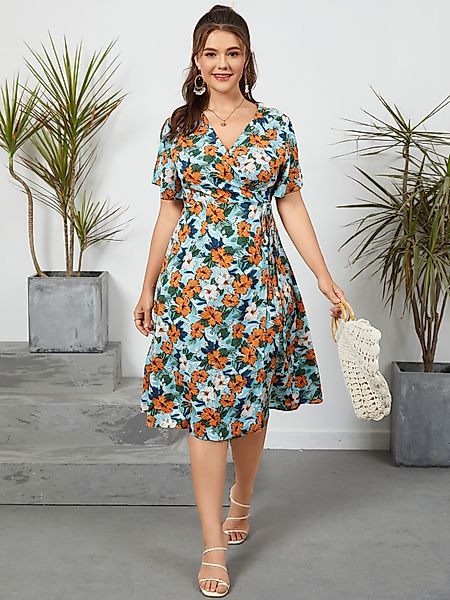Plus Size V-Ausschnitt Blumendruck Kurze Ärmel Midi Kleid günstig online kaufen