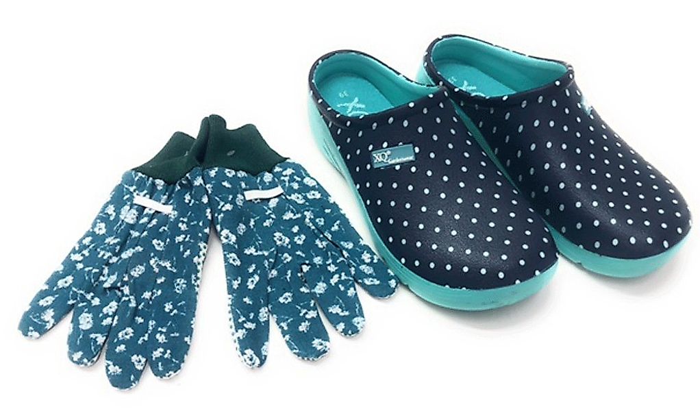 Steinnacher Bärbel Gartenclogs blau mit weißen Punkten und Gartenhandschuhe günstig online kaufen