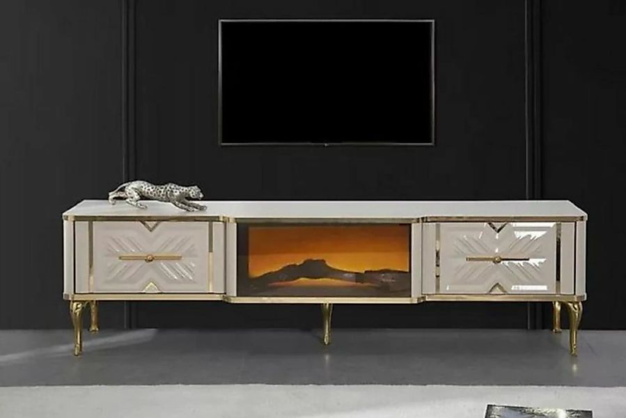 JVmoebel TV-Schrank Wohnzimmer RTV Lowboard Weiß + gold Kamin Luxus Exclusi günstig online kaufen