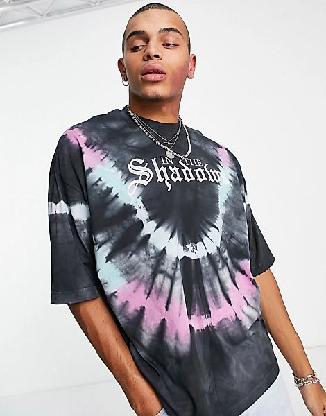 ASOS DESIGN – Oversize-T-Shirt mit Batikmuster und Textprint vorne-Grau günstig online kaufen