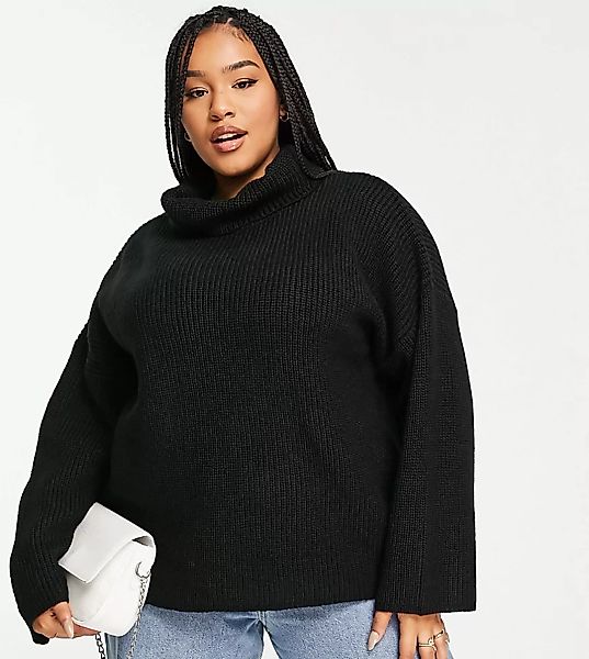 ASOS DESIGN Curve – Hochgeschlossener Pullover in Schwarz mit Rippenstruktu günstig online kaufen