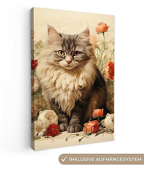 OneMillionCanvasses® Leinwandbild Vintage - Katze - Blumen - Weiß - Natur - günstig online kaufen