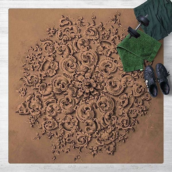 Kork-Teppich Viktorianische Ornamentik mit Patina in Schwarz-Weiß günstig online kaufen