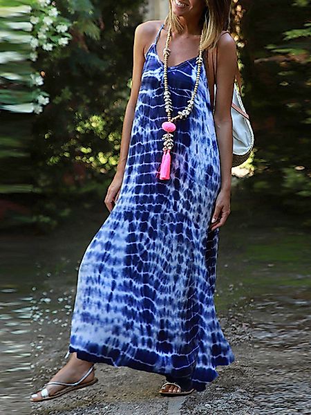 Tie Dye V-Ausschnitt Ärmelloser Maxi Kleid günstig online kaufen