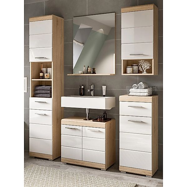 Inn.Furn Badmöbel Set 5-teilig in Weiß Hochglanz und Eiche 164 cm Mambo günstig online kaufen