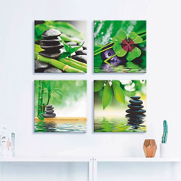 Artland Leinwandbild "Glücksklee Zen Steinpyramide Wasser", Zen, (4 St.), 4 günstig online kaufen