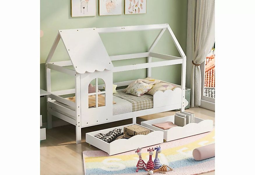 SOFTWEARY Kinderbett Hausbett mit 2 Schubladen und Lattenrost (90x200 cm), günstig online kaufen