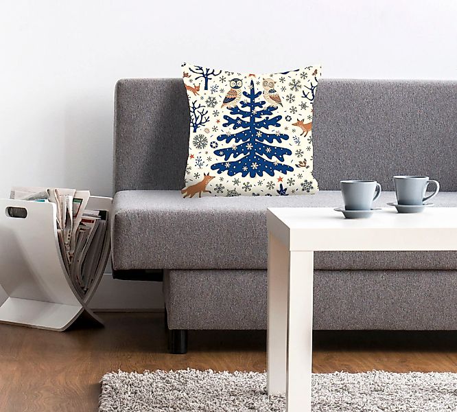queence Dekokissen "Klaas" mit einem blauen Tannenbaum im Schnee günstig online kaufen