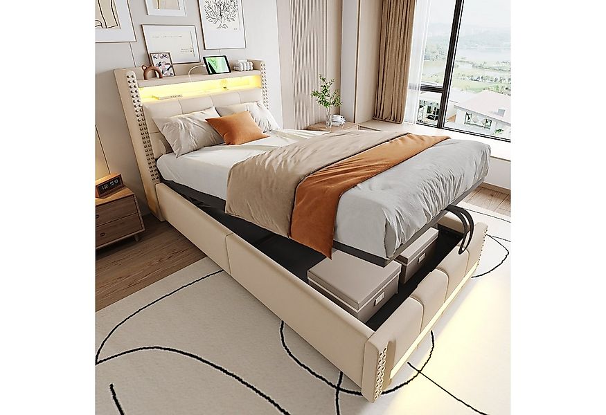 Flieks Polsterbett, LED Hydraulisches Stauraumbett Einzelbett 90x200cm mit günstig online kaufen