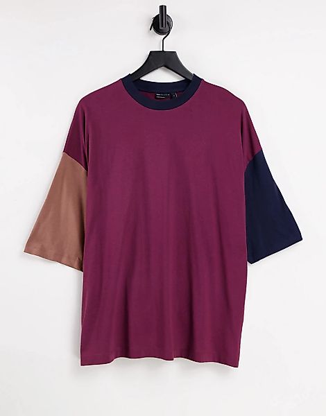 ASOS DESIGN – Oversize-T-Shirt im Farbblockdesign in Burgunderrot-Mehrfarbi günstig online kaufen