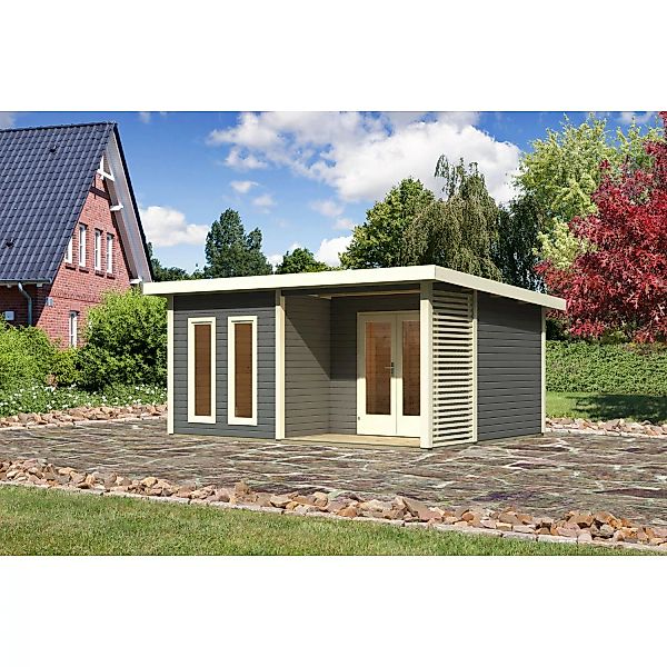 Karibu Holz-Gartenhaus Norrköping Terragrau Flachdach Lackiert 506 cm x 366 günstig online kaufen
