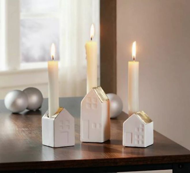 HOME Living Kerzenhalter SPAR-SET 2x Häuschen Kerzenständer weiß/gold günstig online kaufen