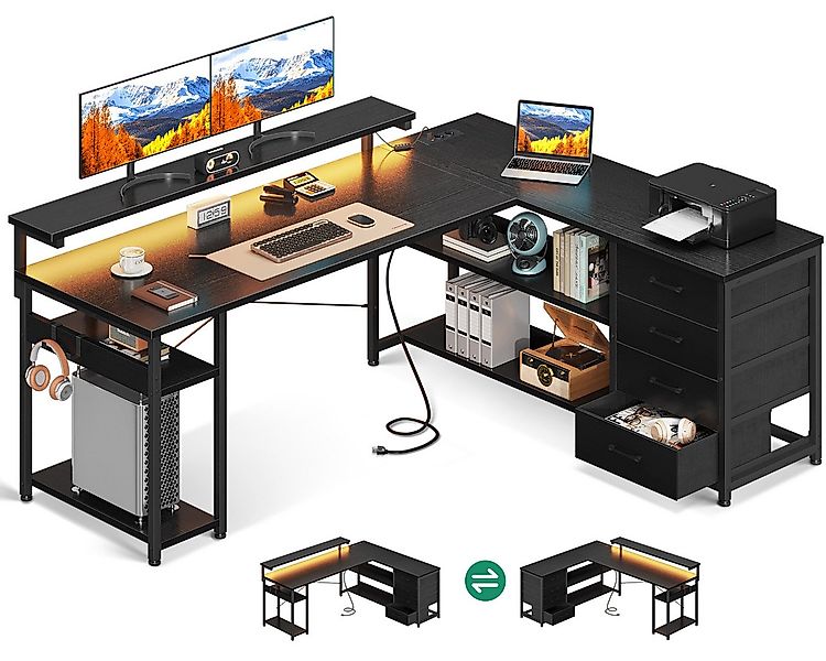 ODK Eckschreibtisch mit Schubladen und Steckdosen, 155×110cm, Schwarz günstig online kaufen
